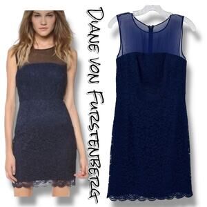 Diane von Furstenberg DVF Nisha Lace Sheath Dress Navy Illusion Yoke Womens Sz 4